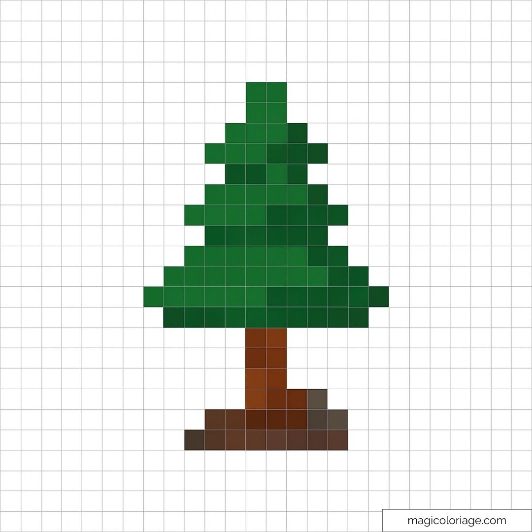 Image de pixel art représentant un sapin vert sur fond de grille blanche.