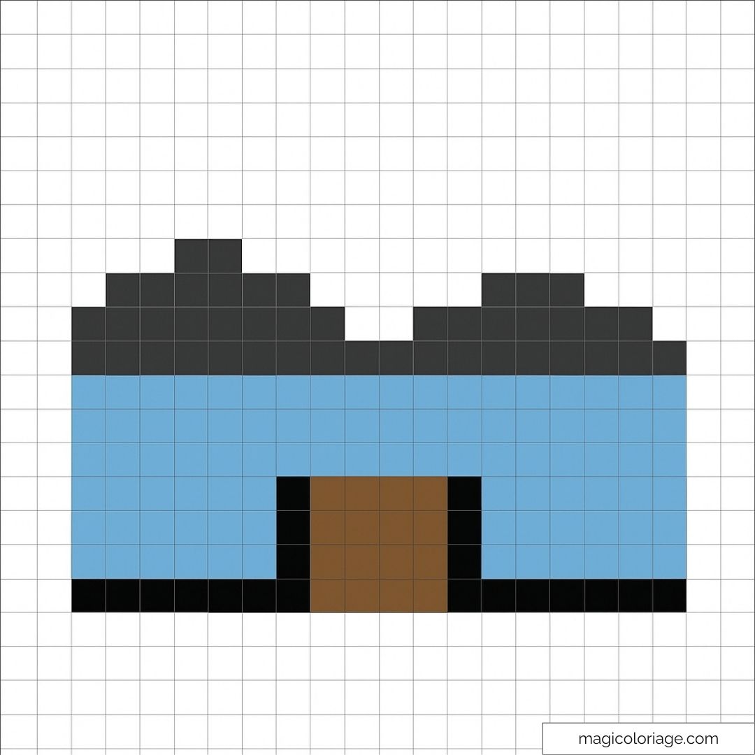 Maison bleue pixel art avec toit gris et porte marron