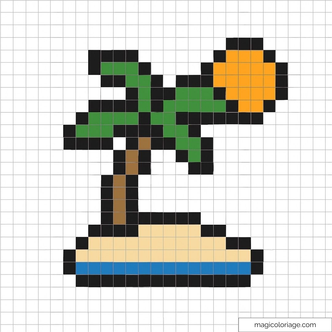 Image pixel art d'une île avec un palmier et coucher de soleil