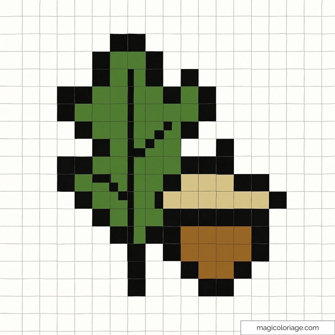 Feuille verte et gland marron en pixel art
