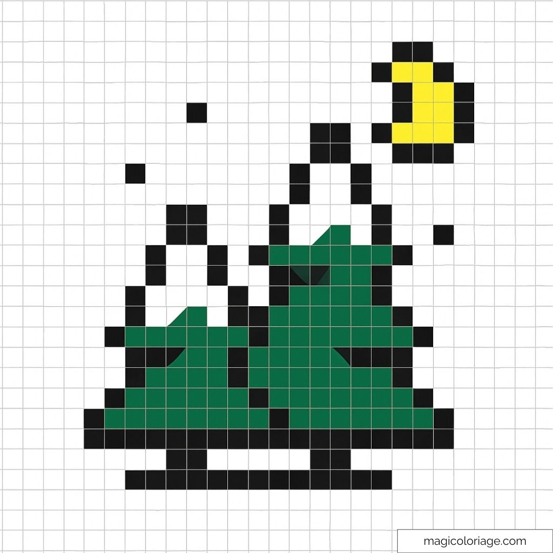 Pixel art de sapins verts sous une lune jaune