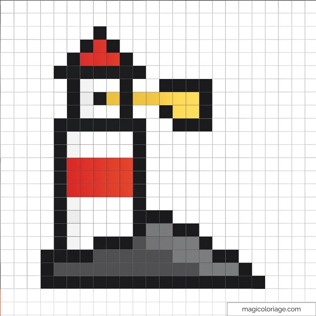 Phare en pixel art avec lumière jaune et base rocheuse.
