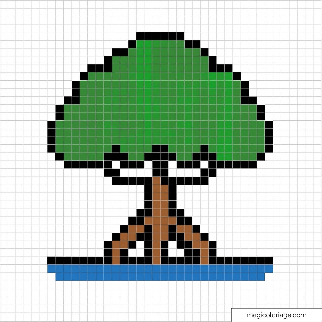 Pixel art représentant un arbre vert au-dessus d'une étendue d'eau.