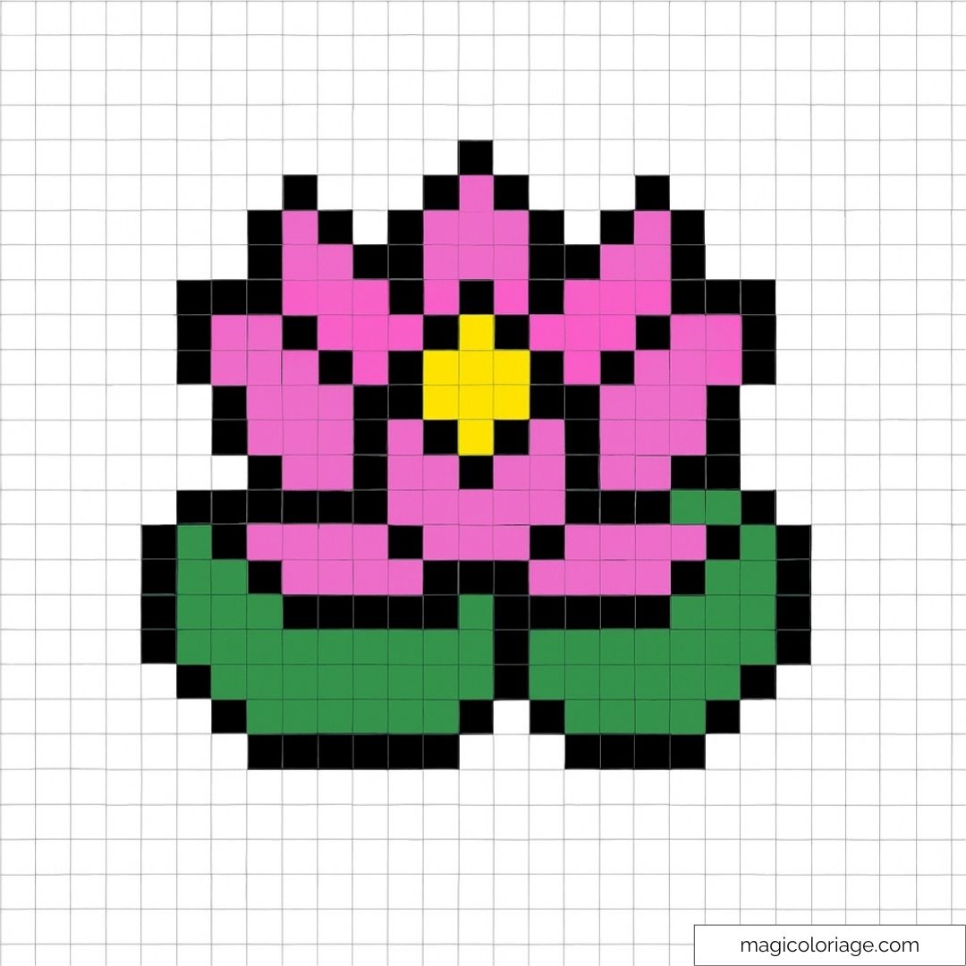 Fleur de lotus en pixel art avec pétales roses et feuilles vertes.