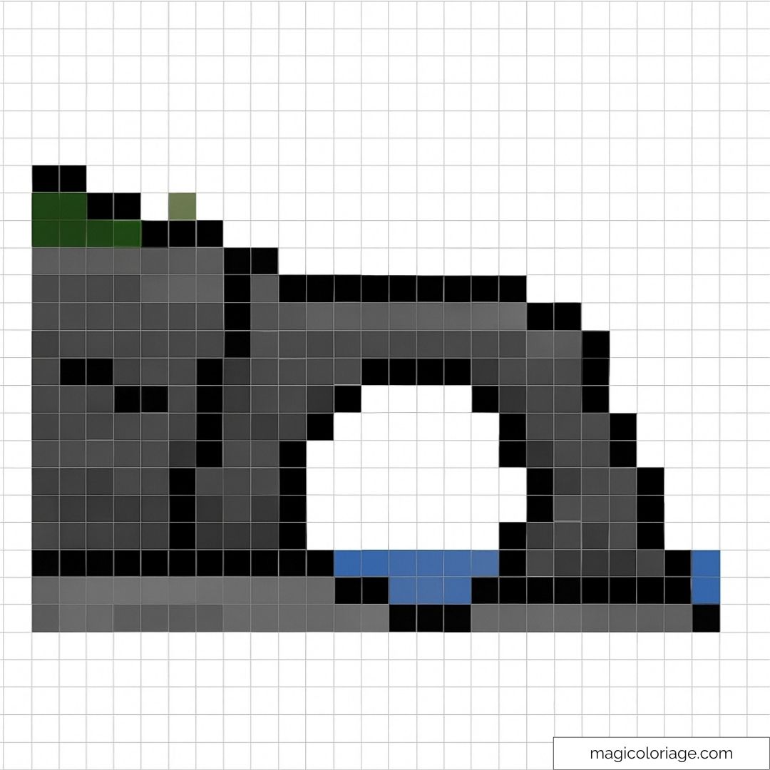 Pixel art de montagne avec rivière et tunnel naturel.