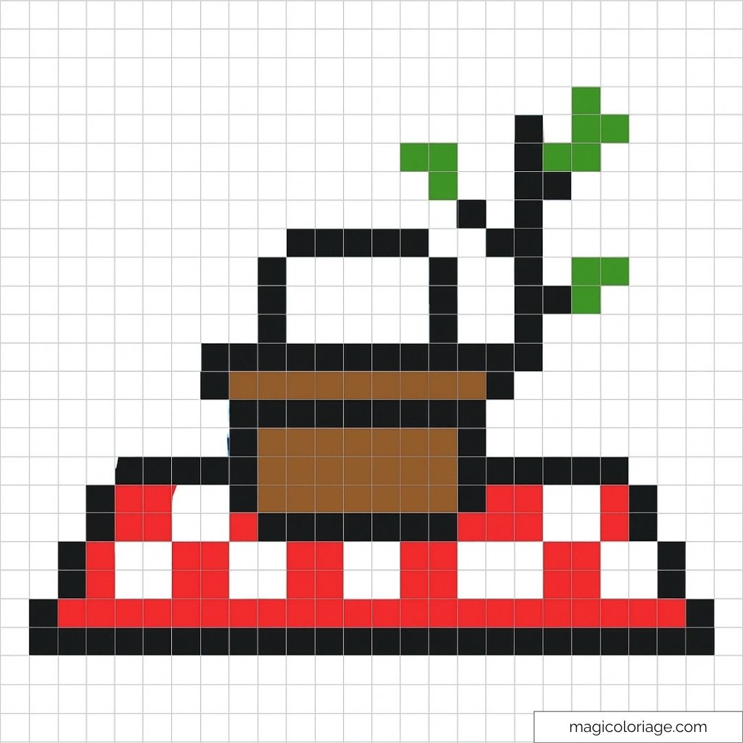 Pixel art d'une plante en pot avec des feuilles vertes sur un napperon rouge et blanc.