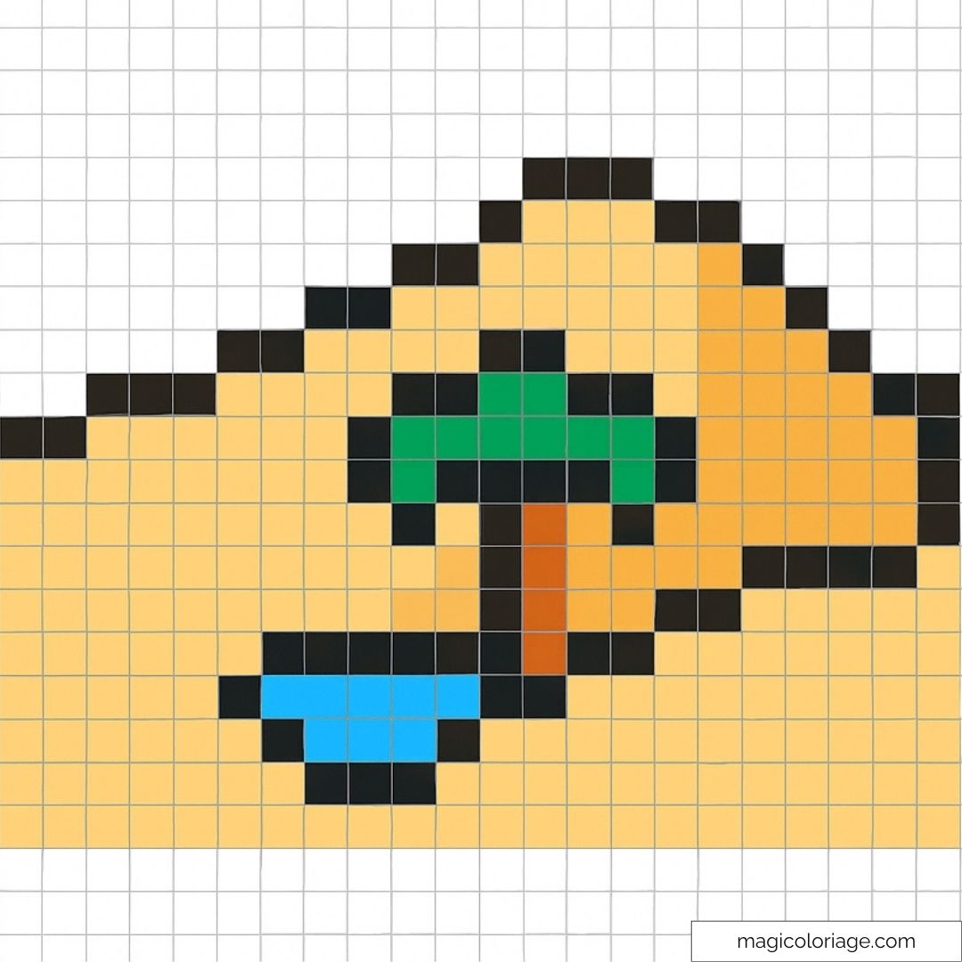 Pixel art paysage désertique avec palmier et oasis.