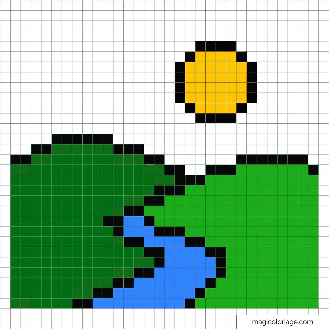 Pixel art nature avec montagnes vertes