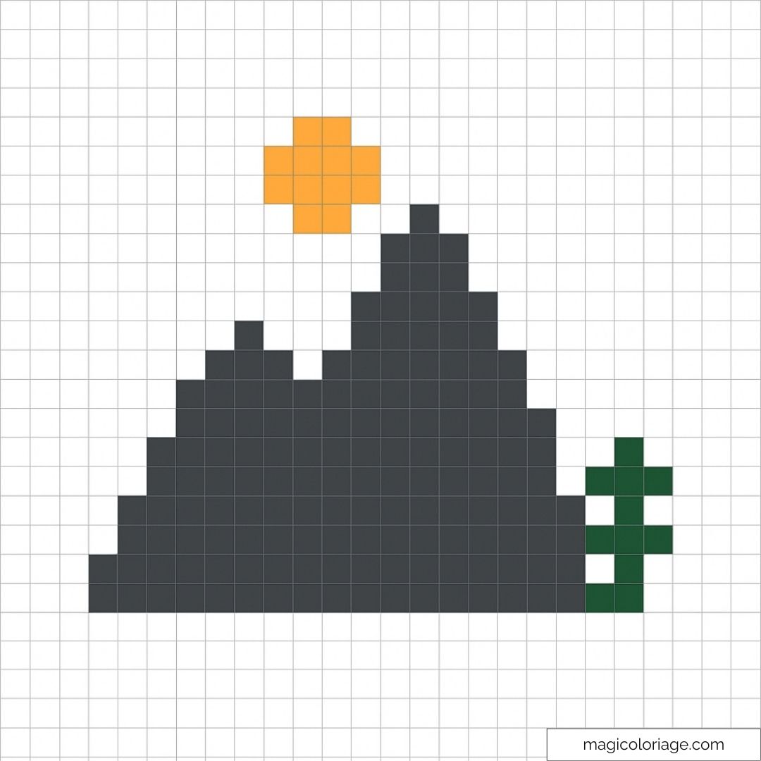 Montagnes sombres avec soleil orange pixelisé en fond.