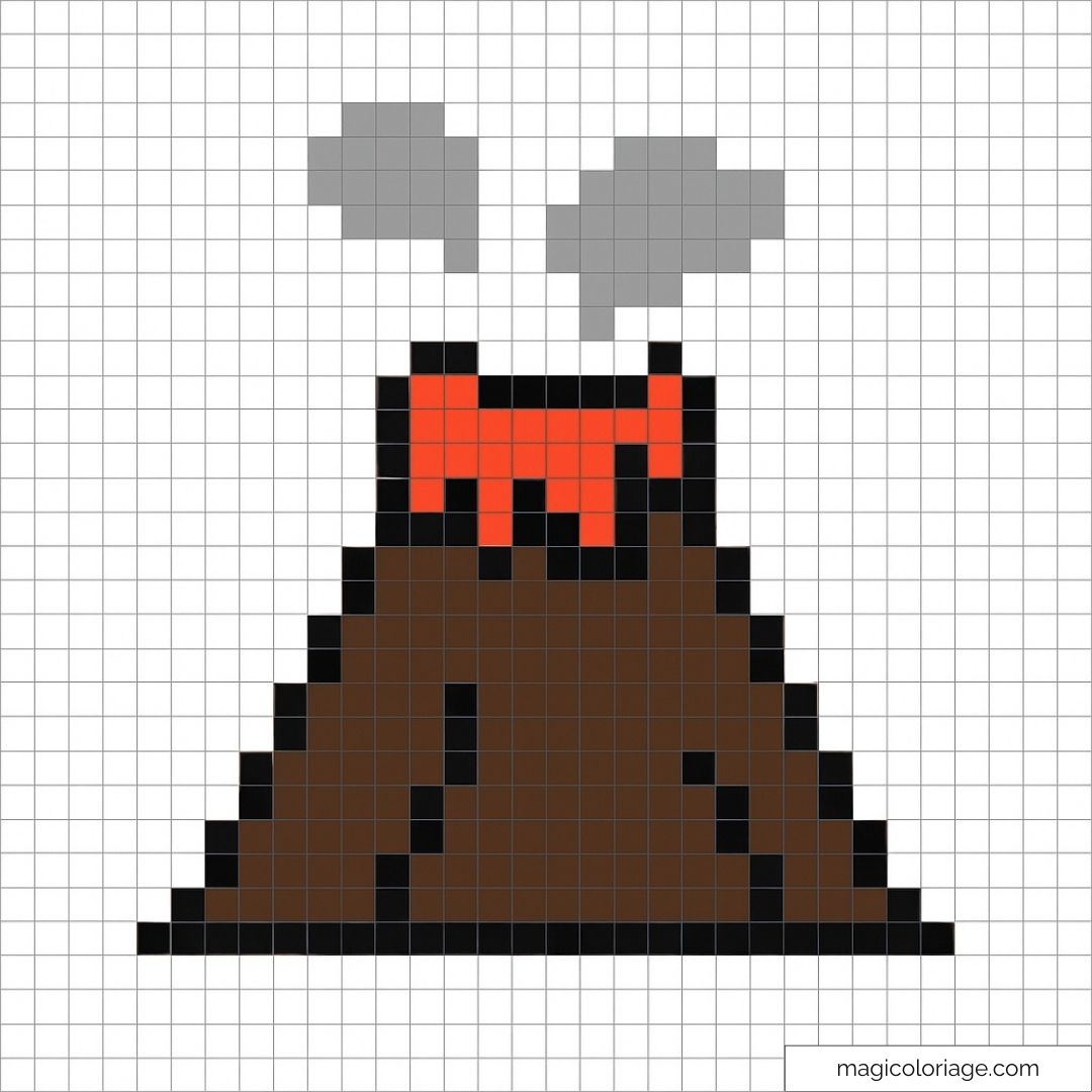 Représentation pixelisée d'un volcan en éruption avec fumée.