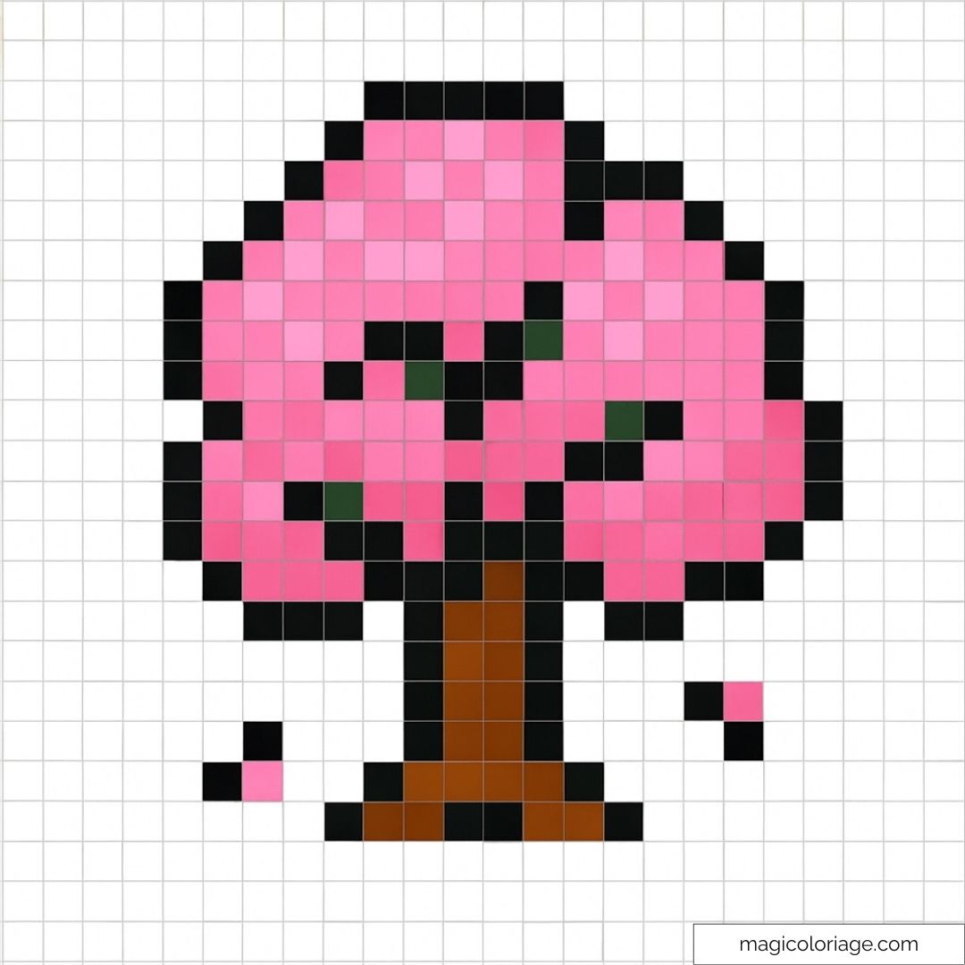 Pixel art de cerisier japonais avec fleurs roses