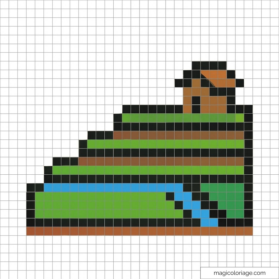 Pixel art de paysage avec terrasses verdoyantes et maison.
