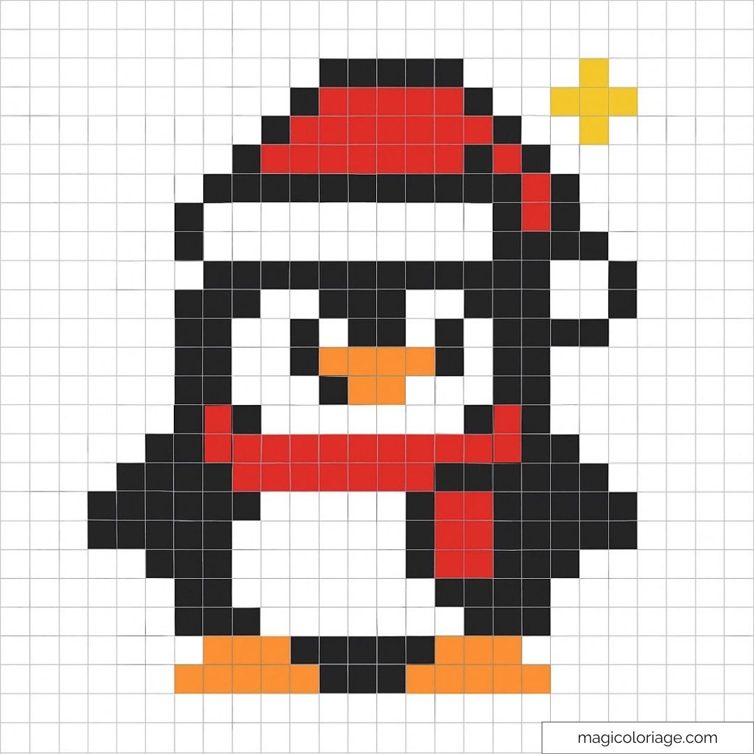 Pixel art pingouin avec écharpe rouge et bonnet de Noël.