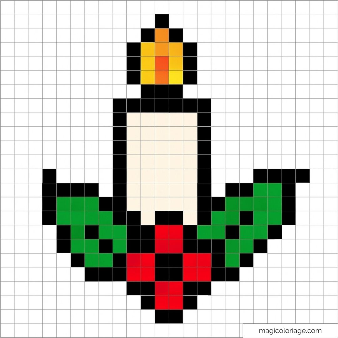 Image de bougie pixel art avec feuilles vertes et flamme.
