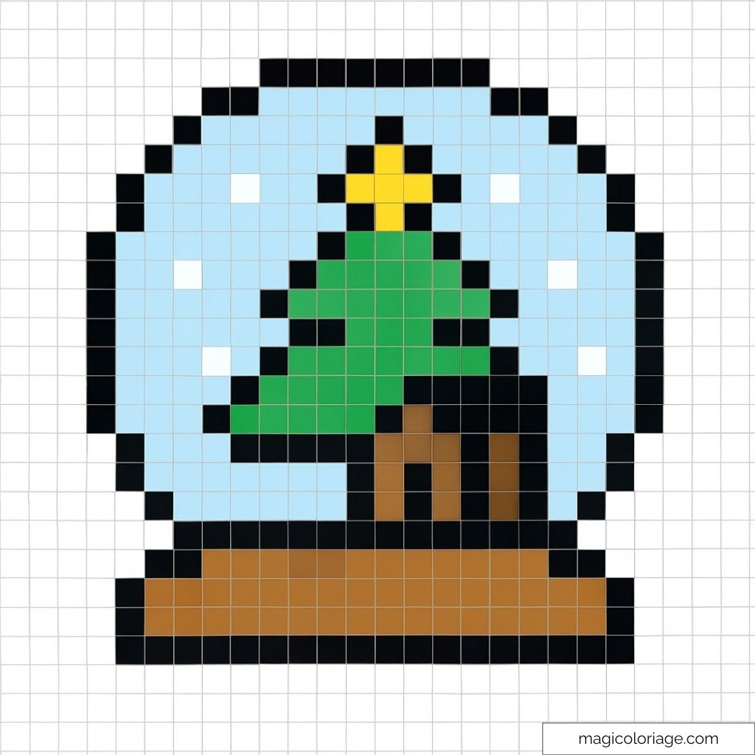 Pixel art représentant une boule de neige avec un sapin et une étoile de Noël.