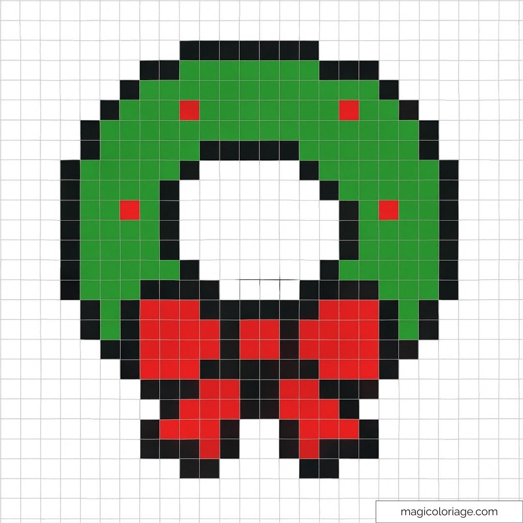 Couronne de Noël en pixel art avec ruban rouge et détails festifs