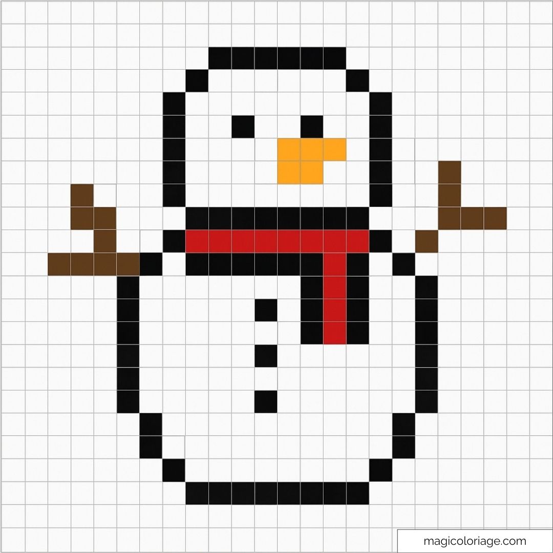Bonhomme de neige en pixel art avec écharpe rouge et branches