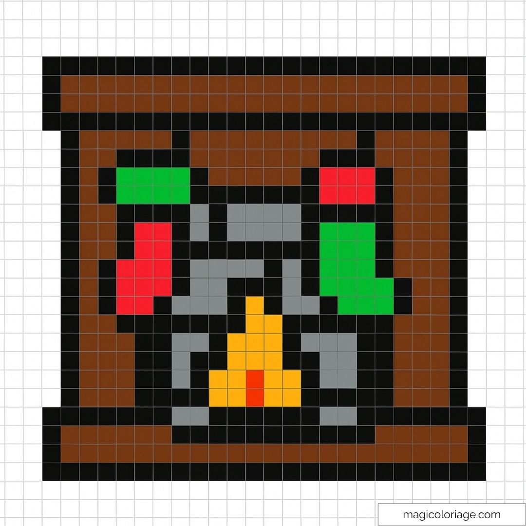 Pixel art cheminée de Noël avec chaussettes et feu.