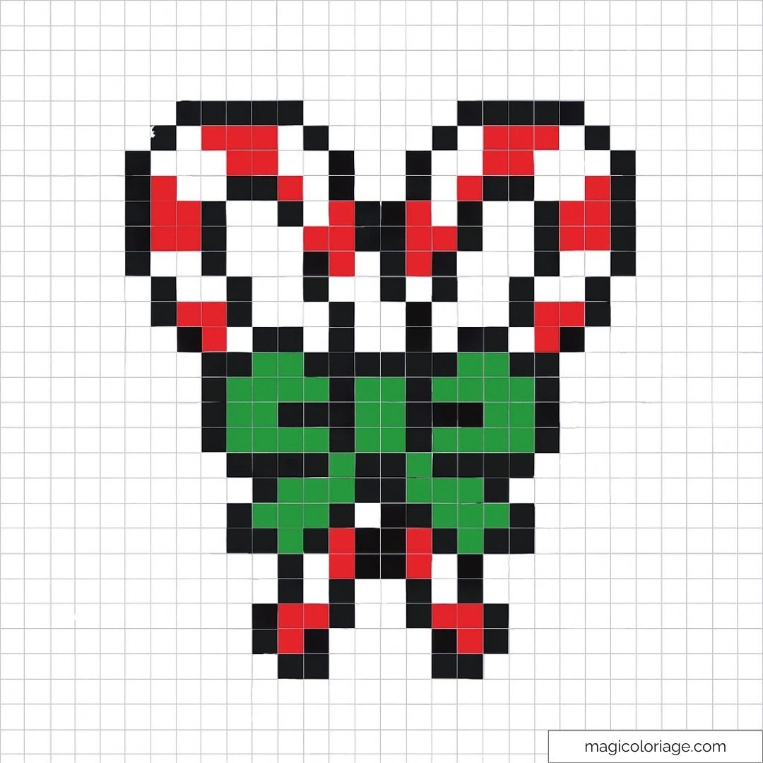 Pixel art cannes à sucre rouges et blanches avec nœud vert