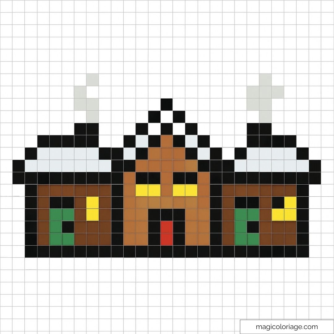 Maison de noël en pixel art avec fenêtres lumineuses et toit fumant.