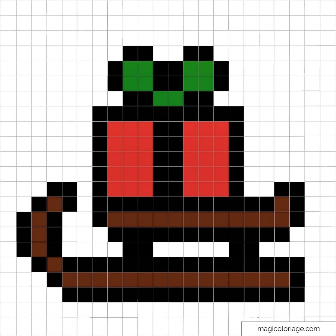Pixel art traîneau rouge et vert avec fond blanc