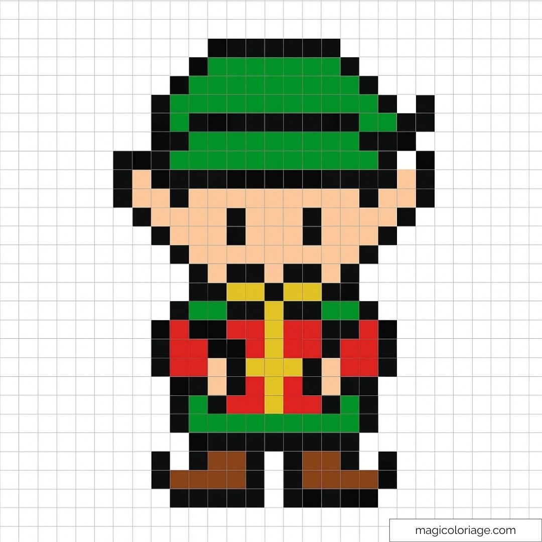 Pixel art représentant un elfe vêtu de vert et rouge