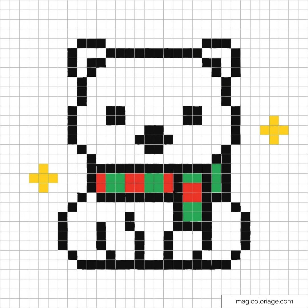 Pixel art ours avec écharpe rouge et verte