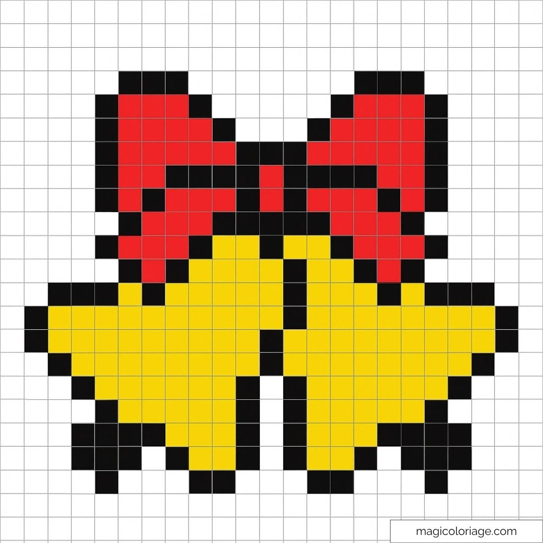Pixel art de cloches rouges et jaunes avec ruban noir.