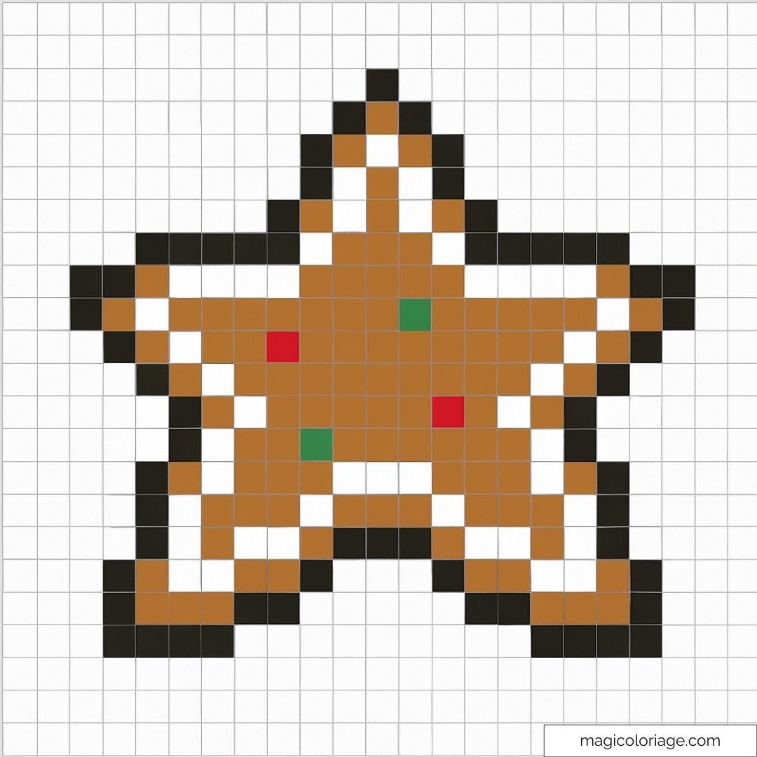 Dessin de pixel art étoile en pain d'épices coloré Noël.