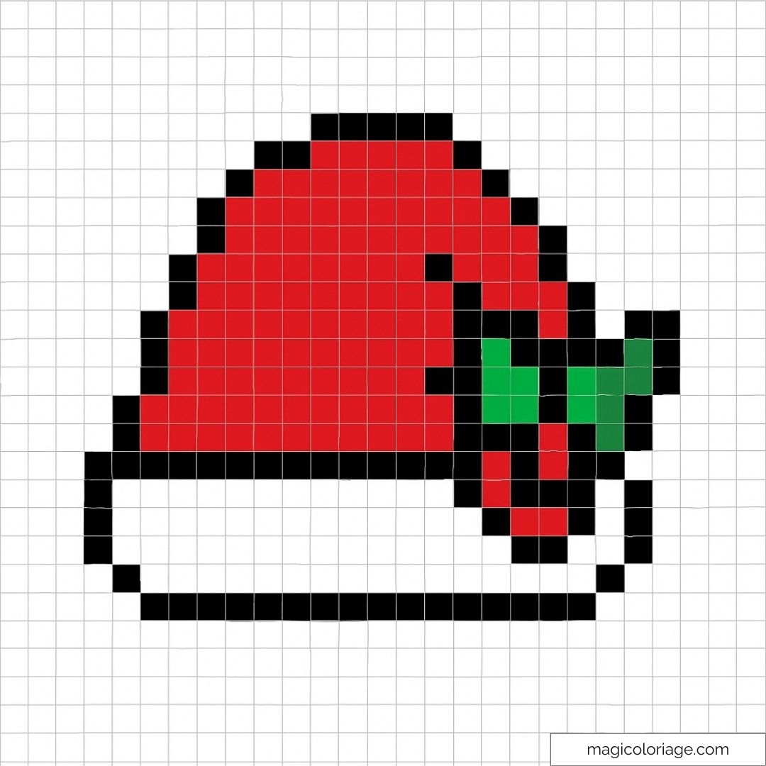 Pixel art bonnet de Noël rouge avec contour noir et feuille verte.
