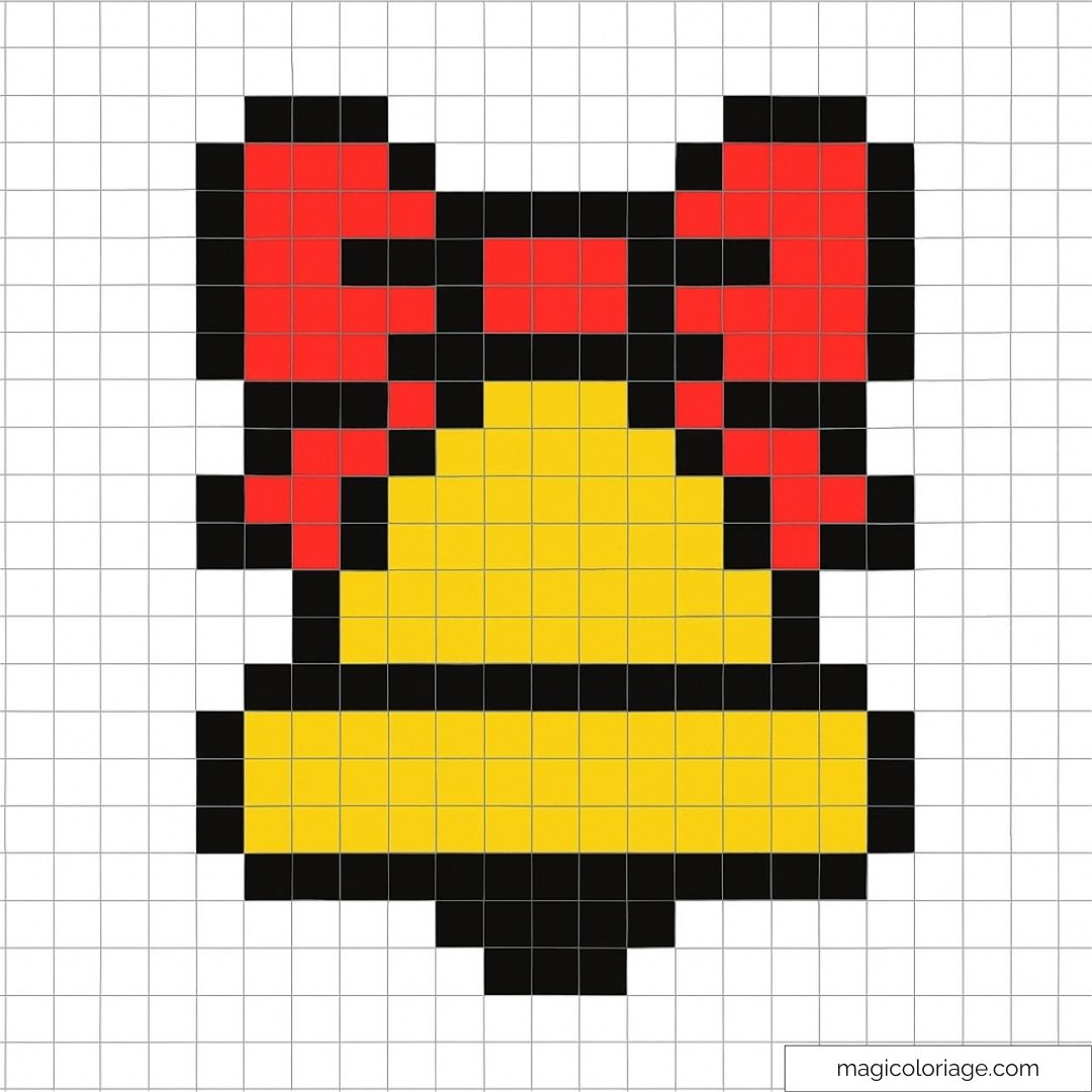Cloche jaune et nœud rouge en pixel art sur fond blanc.