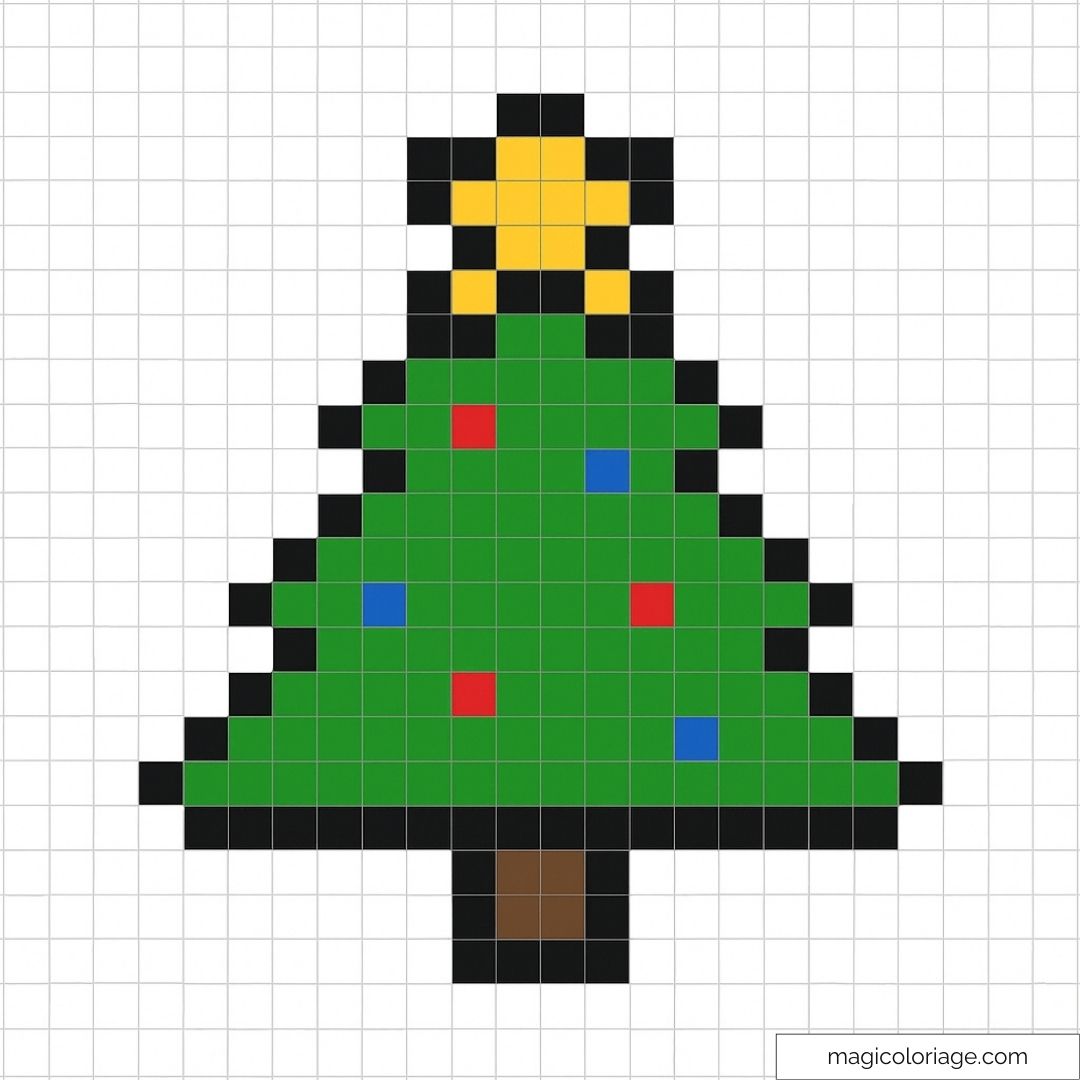 Image d’un sapin de Noël en pixel art avec des décorations colorées et une étoile jaune sur le dessus.