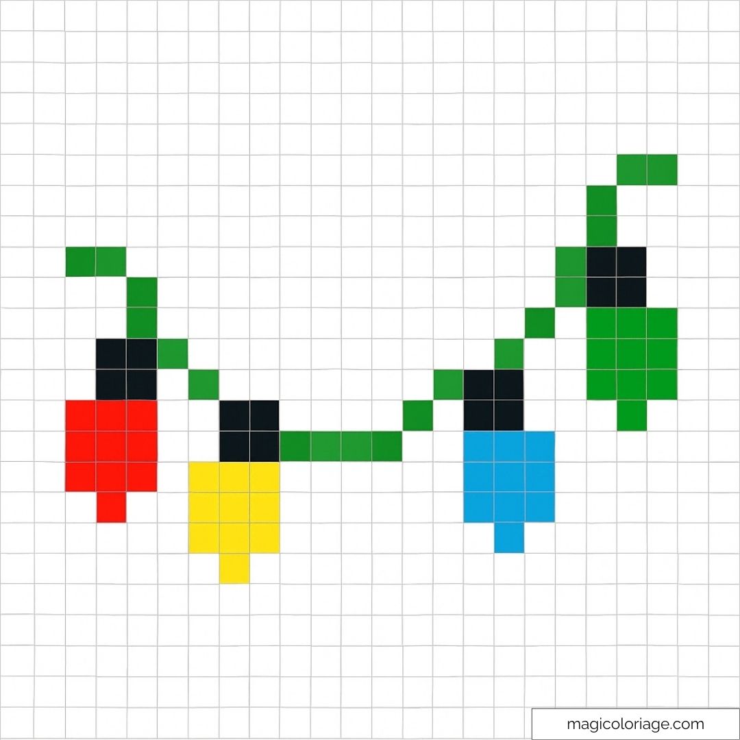 Guirlande lumineuse colorée en pixel art sur fond blanc.