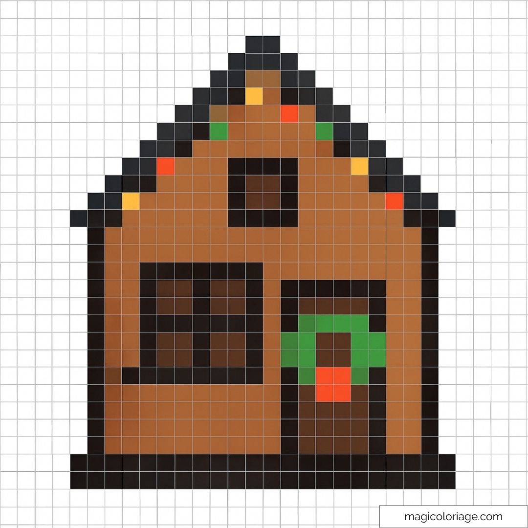 Pixel art de maison en pain d'épice décorée pour Noël.
