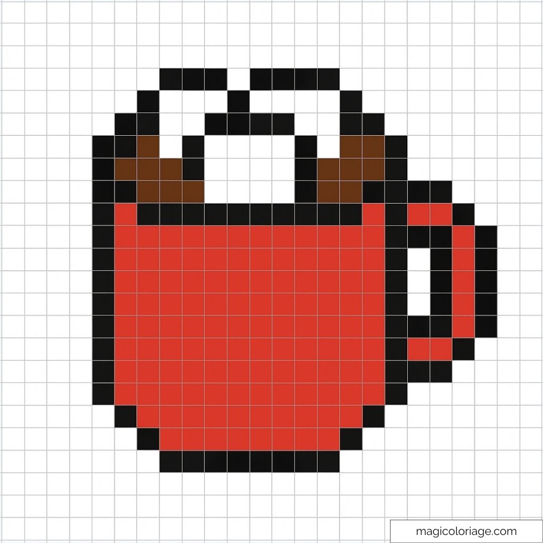 Dessin de pixel art tasse rouge avec boisson chaude fumante.
