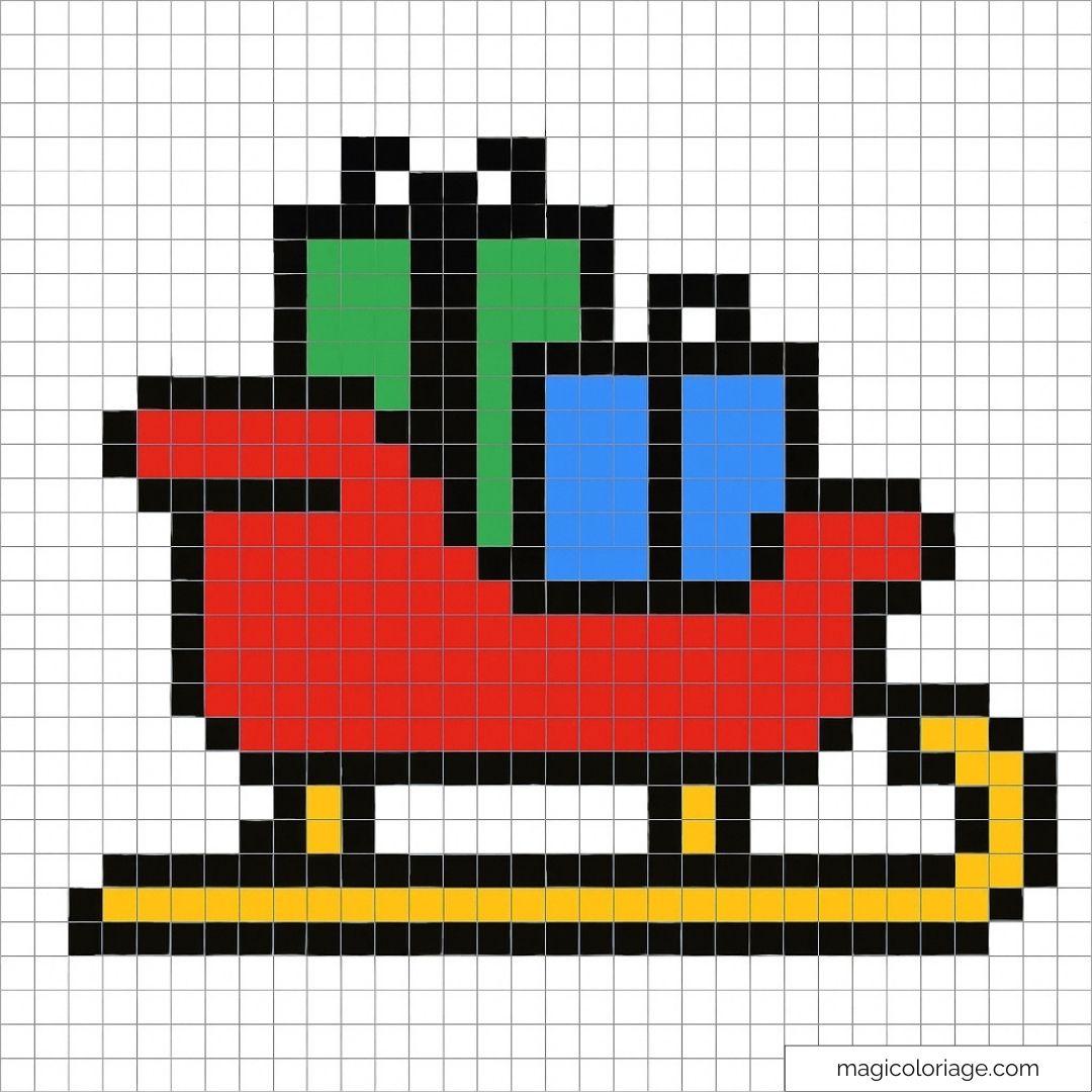 Traîneau de Noël en pixel art avec cadeaux rouges