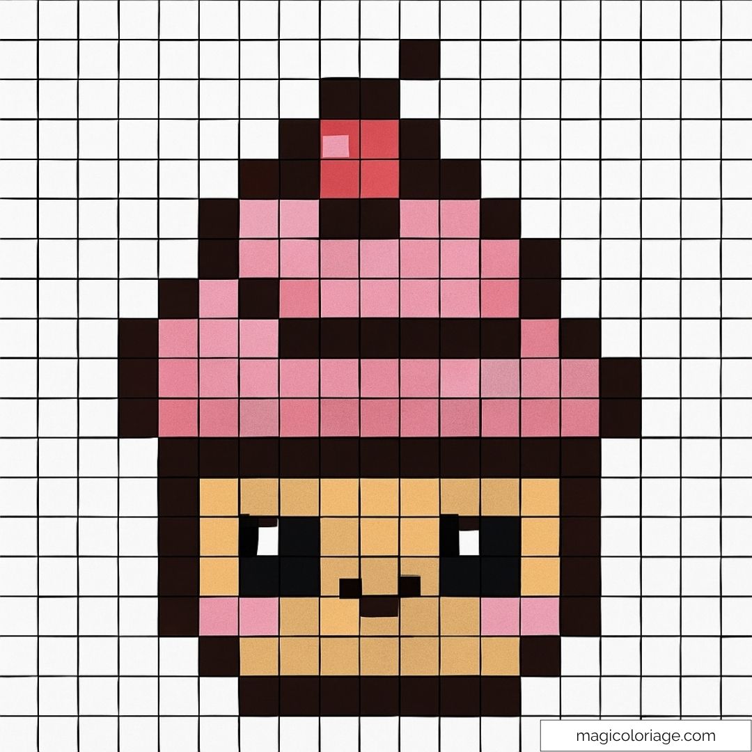 Cupcake mignon en pixel art avec glaçage rose et cerise.