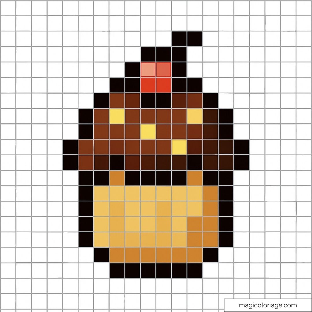 Pixel art de cupcake avec glaçage marron et cerise rouge.