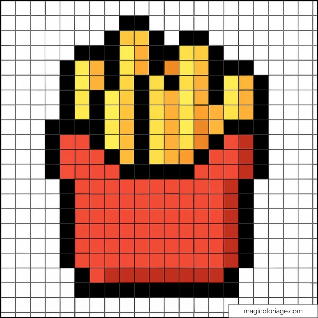 Image pixel art frites avec boîte rouge et jaune