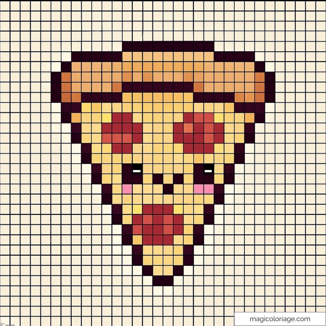 Image de tranche de pizza kawaii en pixel art avec des couleurs vives.