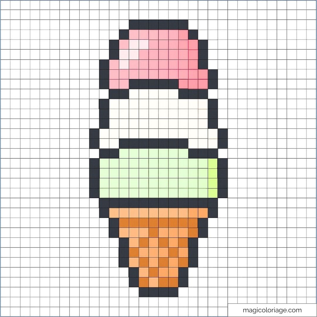 Glace pixel art à trois boules colorées sur cornet.