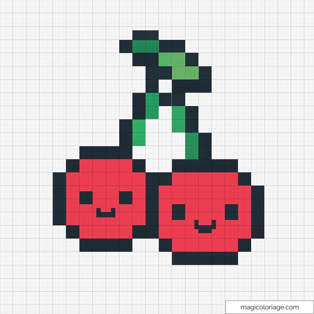 Pixel art cerises kawaii souriantes avec feuilles vertes.