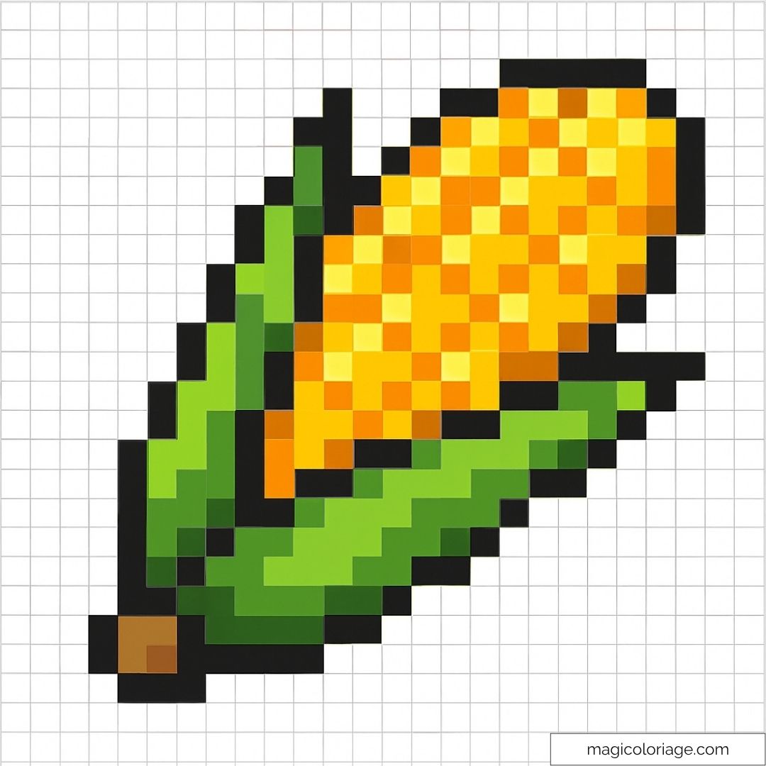 Pixel art épi de maïs jaune et vert sur fond quadrillé.