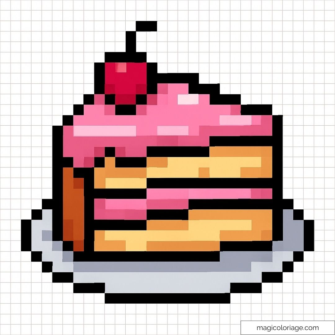 Image pixel art d'un gâteau à la cerise sur une assiette.