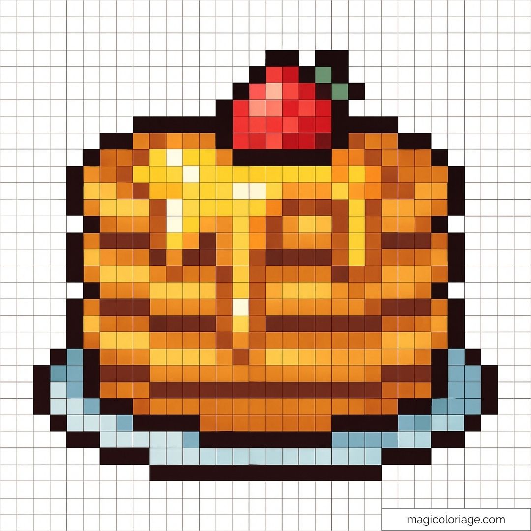 Pixel art pancakes avec fraise et sirop sur assiette.