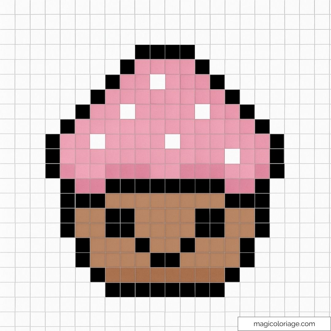 Image d'un cupcake pixel art avec glaçage rose et visage souriant.