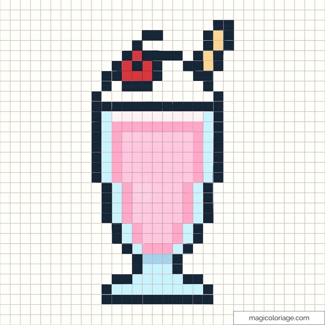Illustration pixel art d'un milkshake rose avec cerise et paille.