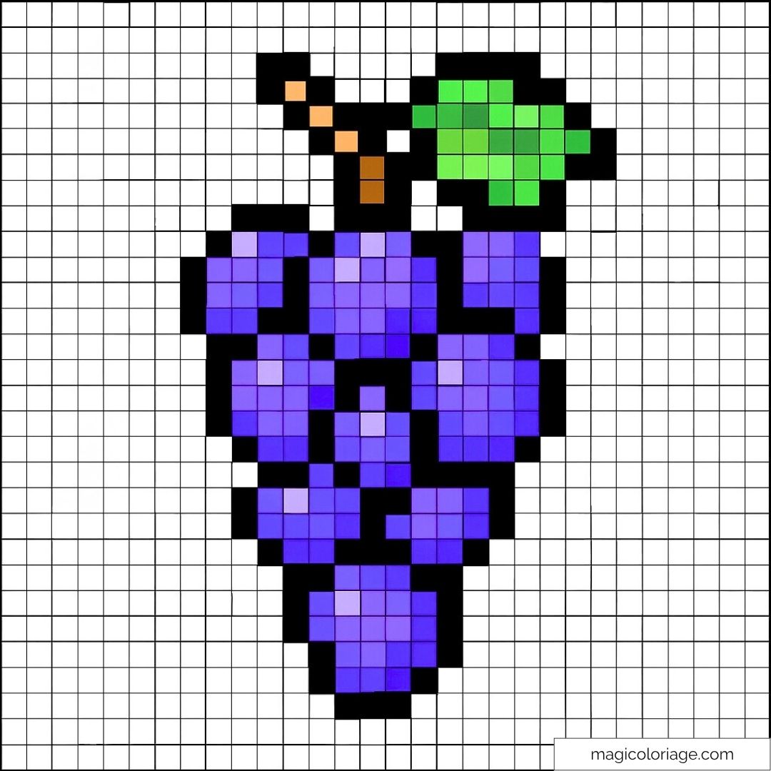 Grappe de raisin en pixel art avec feuille verte et tige.