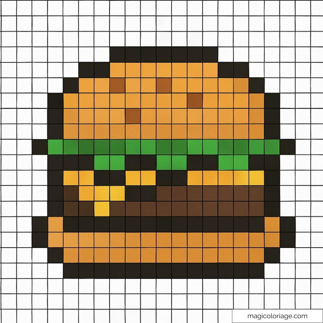 Image pixel art d’un burger coloré et stylisé