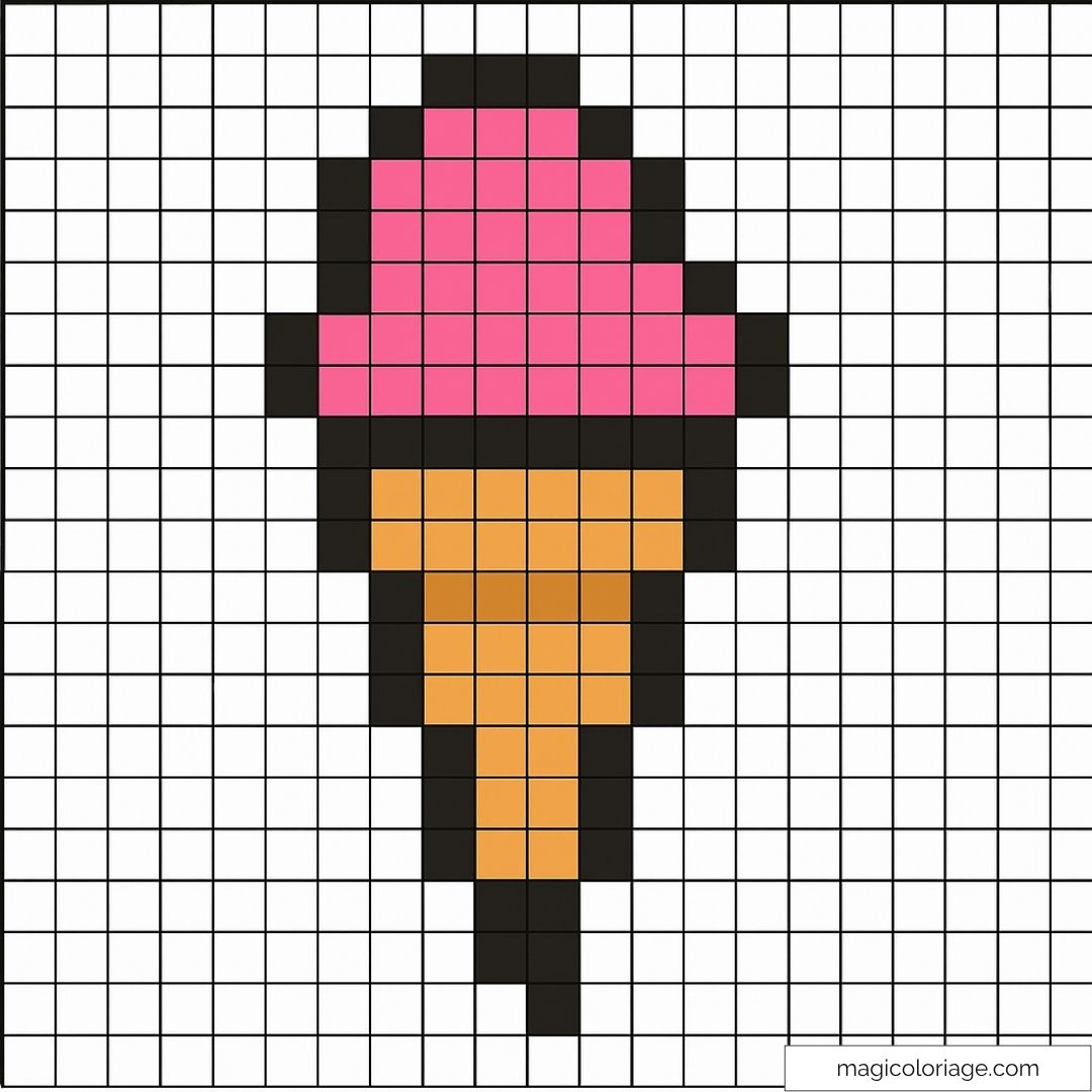 Dessin pixel art cornet de glace rose et orange sur grille.